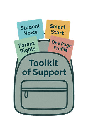 Backpack with the words "Toolkit of Support" showing resources coming out of it.
